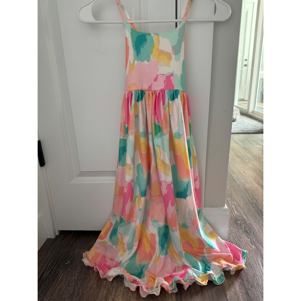 SweetHoney Girls Multi Color Abstract Brushstroke Ruffle Maxi Dress Size 6Y